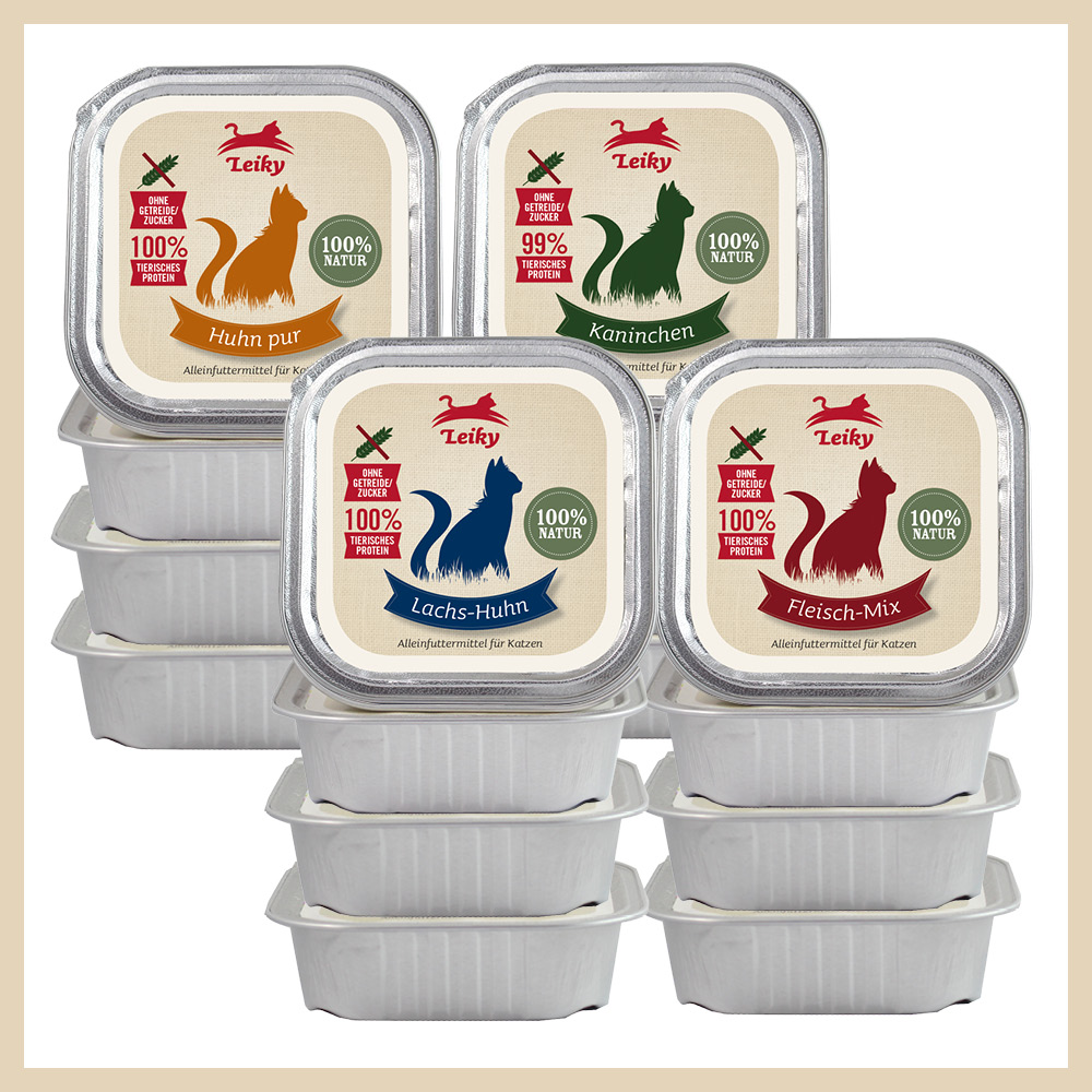 Leiky_Nassfutter_Katze_Schale_Reinfleisch_Mix1 Katzen-Nassfutter Probierpaket je 4 x Kaninchen, Fleisch-Mix, Huhn, Lachs-Huhn