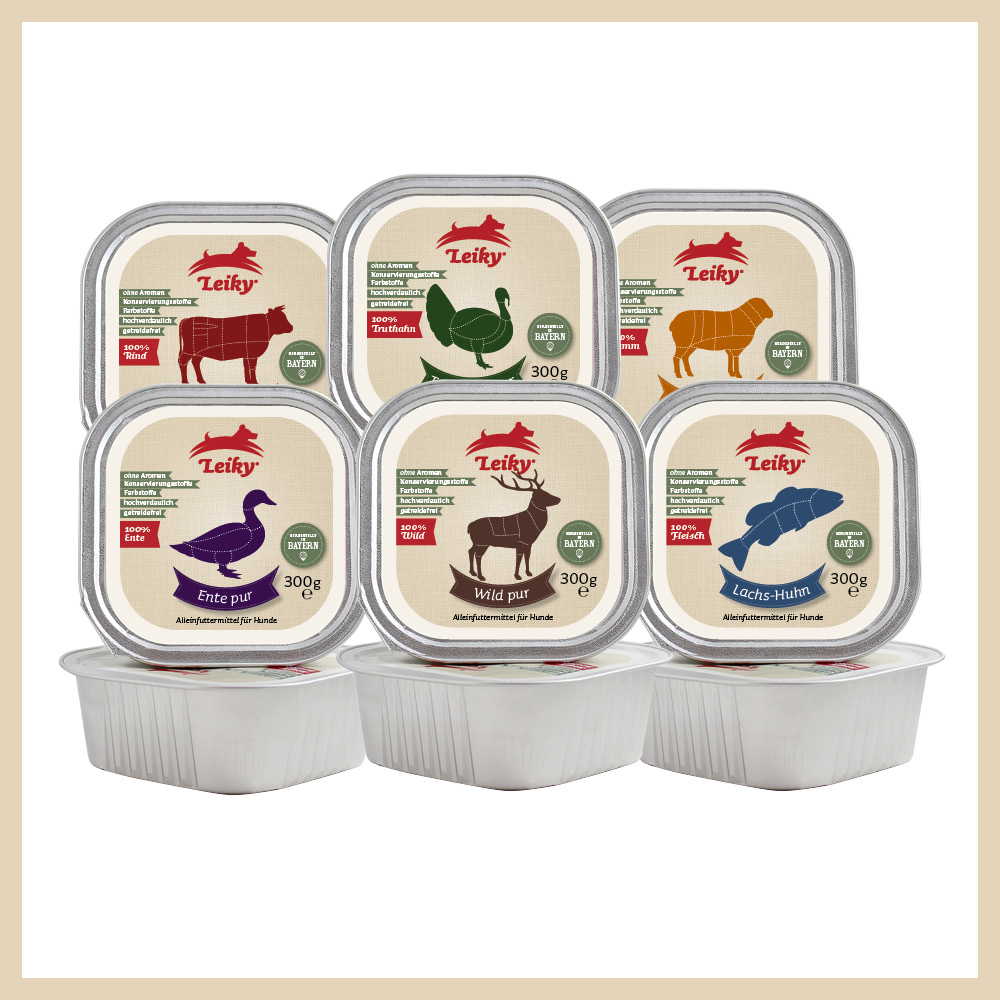 Nassfutter Probierpaket je 2 Stück Rind + Lamm + Truthahn + Wild + Ente + Lachs-Huhn