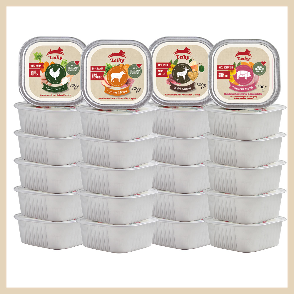 Leiky Nassfutter-Menü Big Pack je 6 x Schwein, Freiland-Huhn, Wild, Freiland-Lamm