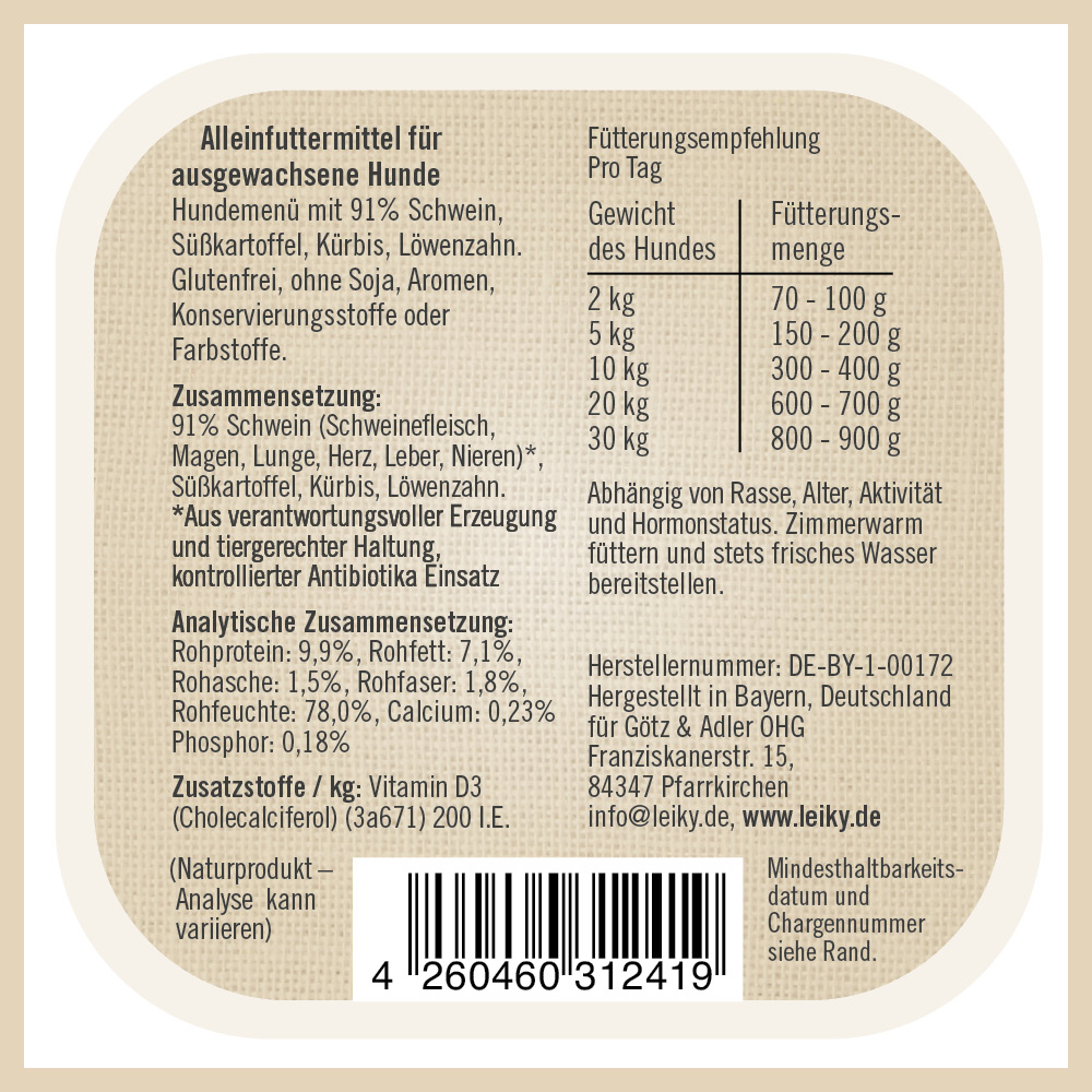 Leiky Nassfutter-Menü Probierpaket je 2 x Schwein, Freiland-Huhn, Wild, Freiland-Lamm