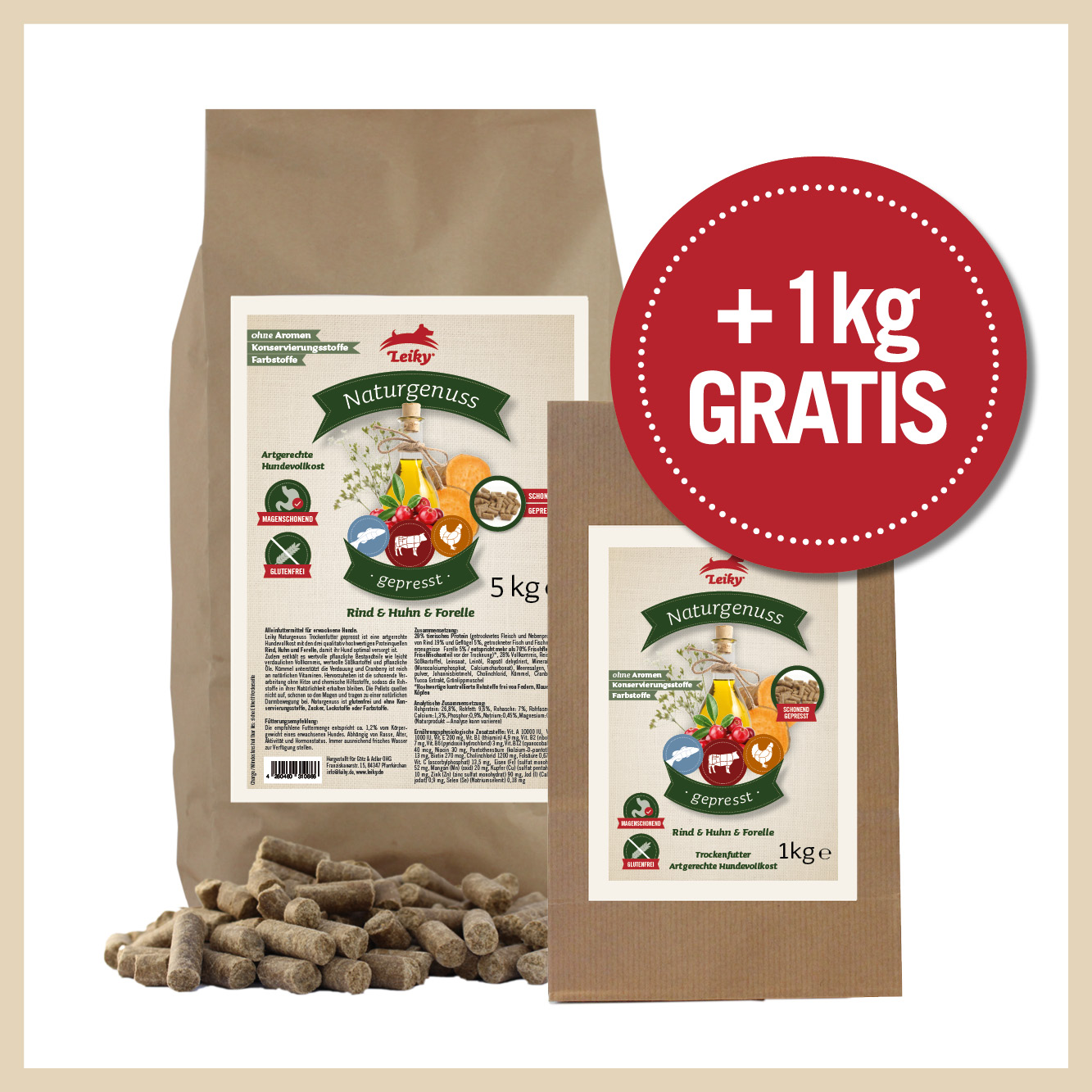 Naturgenuss gepresst Rind-Huhn-Forelle, 5kg + 1 kg gratis