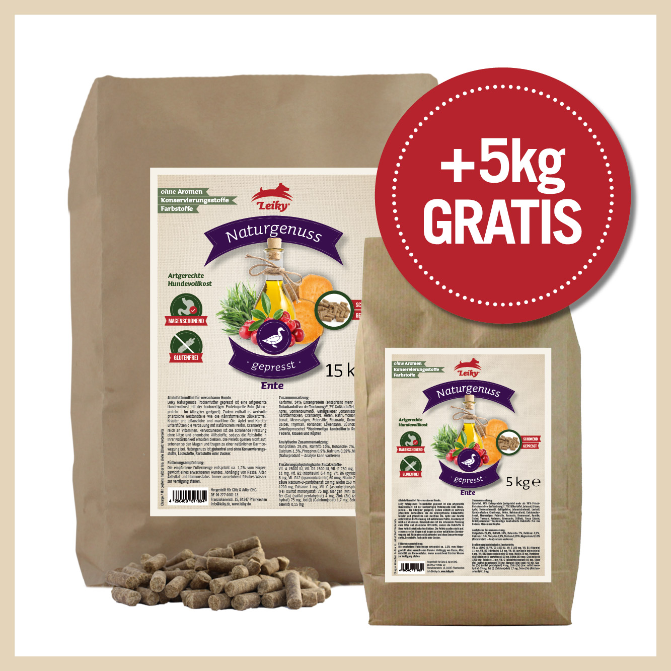 Naturgenuss gepresst Ente, 15kg + 5kg gratis