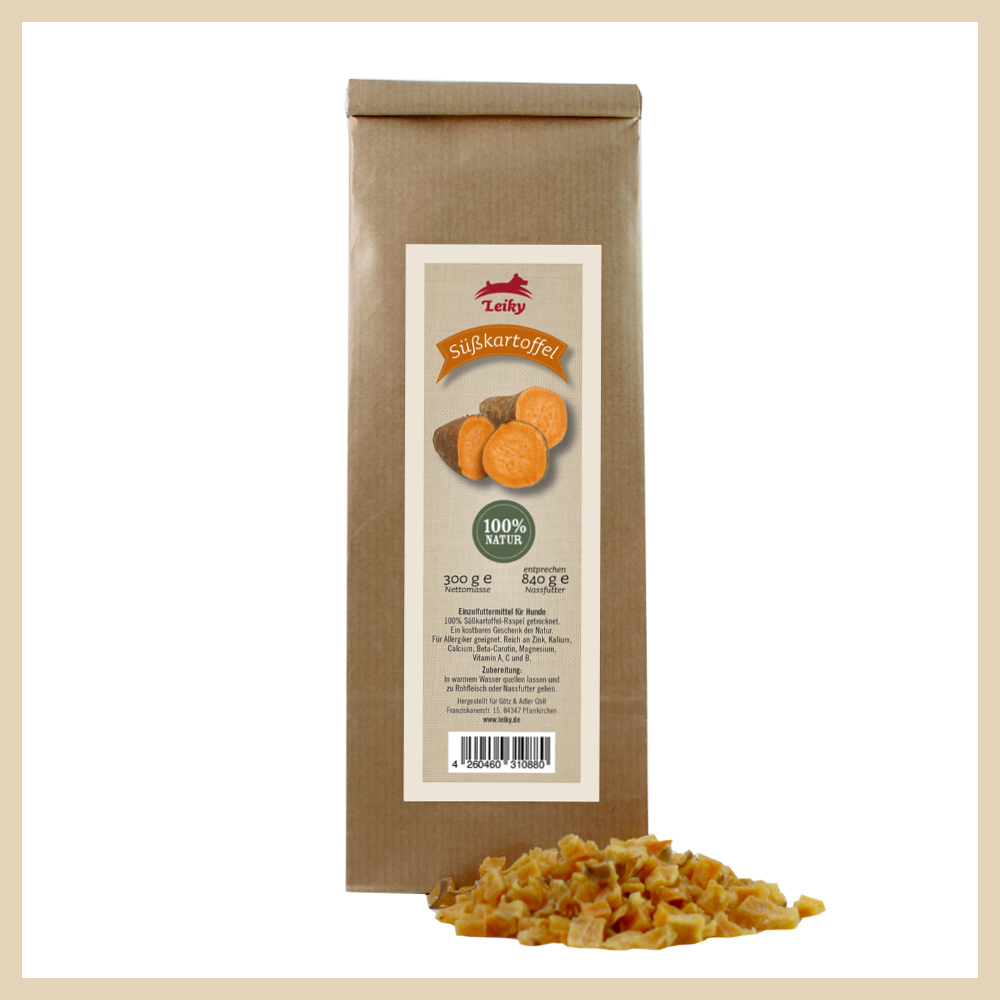 Hund_Barf_Suesskartfoffel_Leiky Süßkartoffel getrocknet 300g