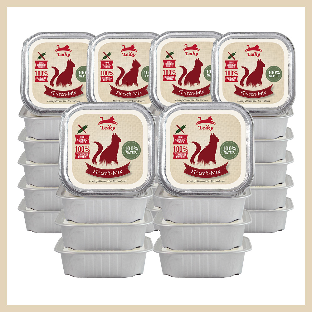 Leiky_Nassfutter_Katze_Schale_Reinfleisch_Fleisch-Mix-3 Katzen-Nassfutter Big Pack 64 x Fleisch-Mix