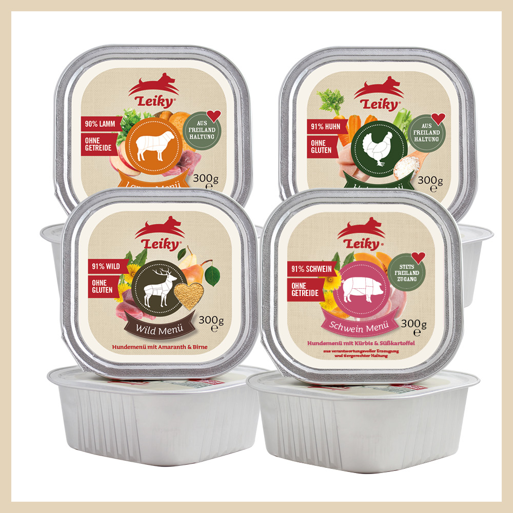 Leiky Nassfutter-Menü Probierpaket je 2 x Schwein, Freiland-Huhn, Wild, Freiland-Lamm