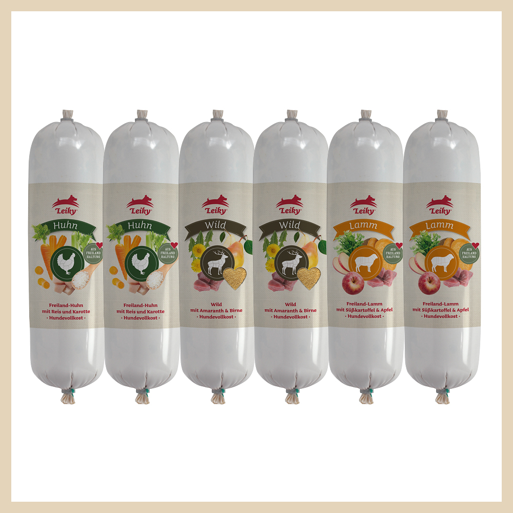 Hundewurst_Probierpaket_Nassfutter_Leiky_22 Leiky Hundewurst Probierpaket je 2 x Huhn, Wild, Lamm