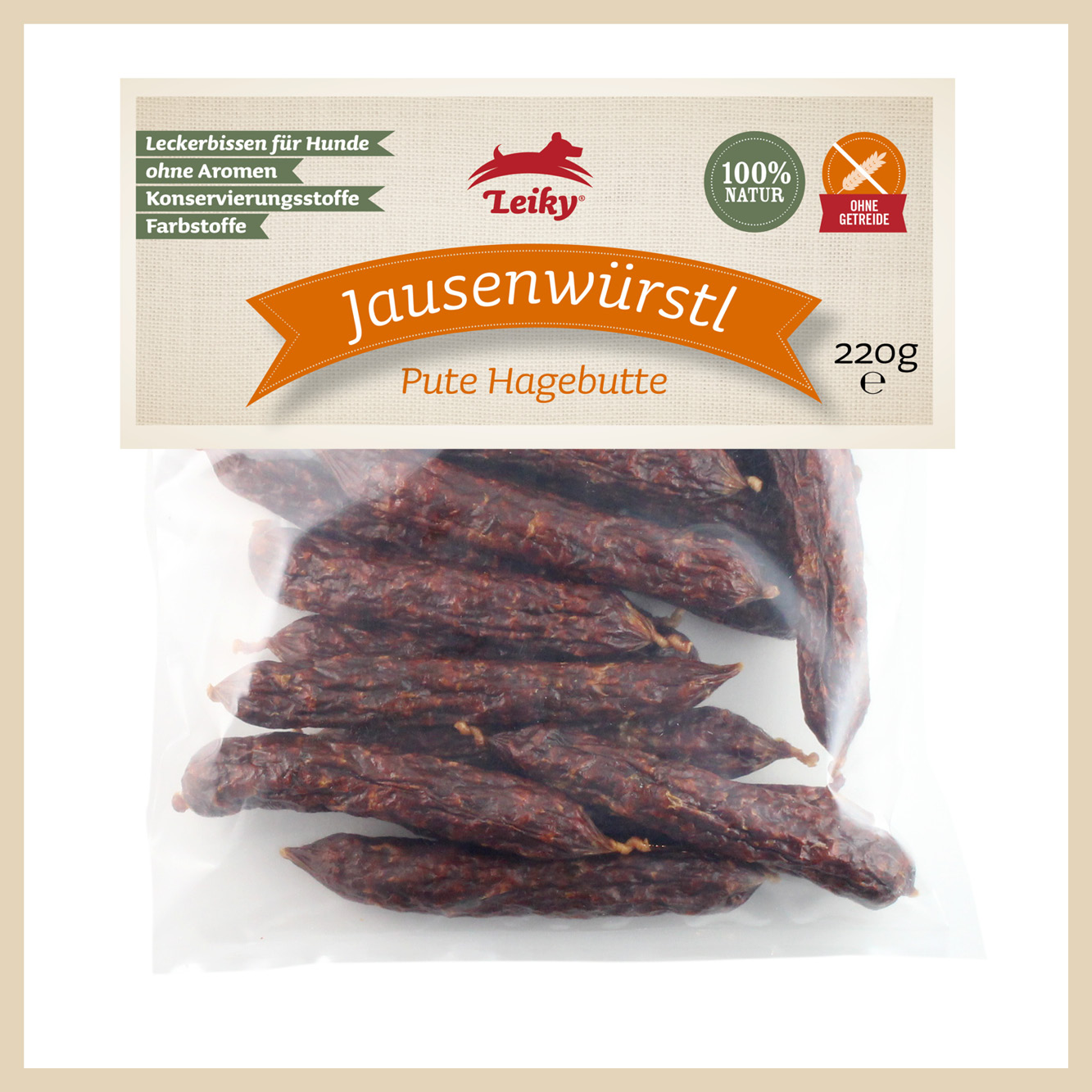 Leiky_Jausenwurst_mittel_Pute_Gramm Jausenwürstl Pute Hagebutte, 220 g